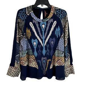 Anthropologie Ranna Gill Metallic Ikat Chiffon Blouse Womens Size S Navy Blue